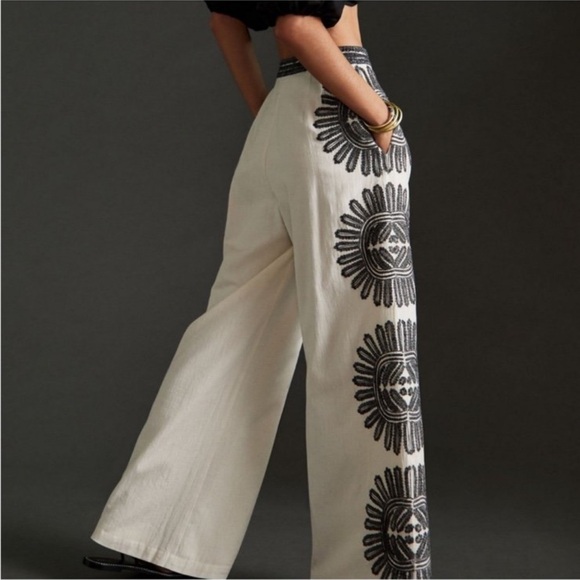 Anthropologie Embroidered Chic Cream and Black Floral Wide Leg Pants - Picture 4 of 12